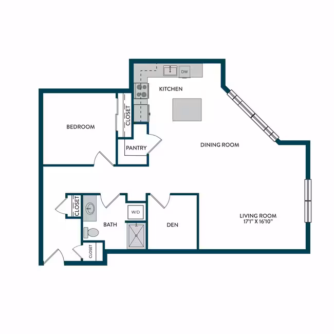 1BR 1BA + DEN B 614 floor plan